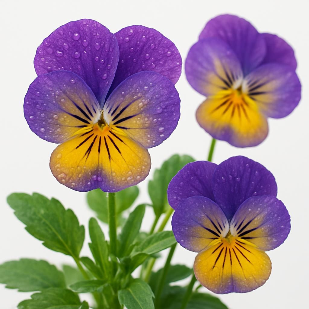 Vibrant blooming Viola pansy flowers with dew drops for professional crop guide header