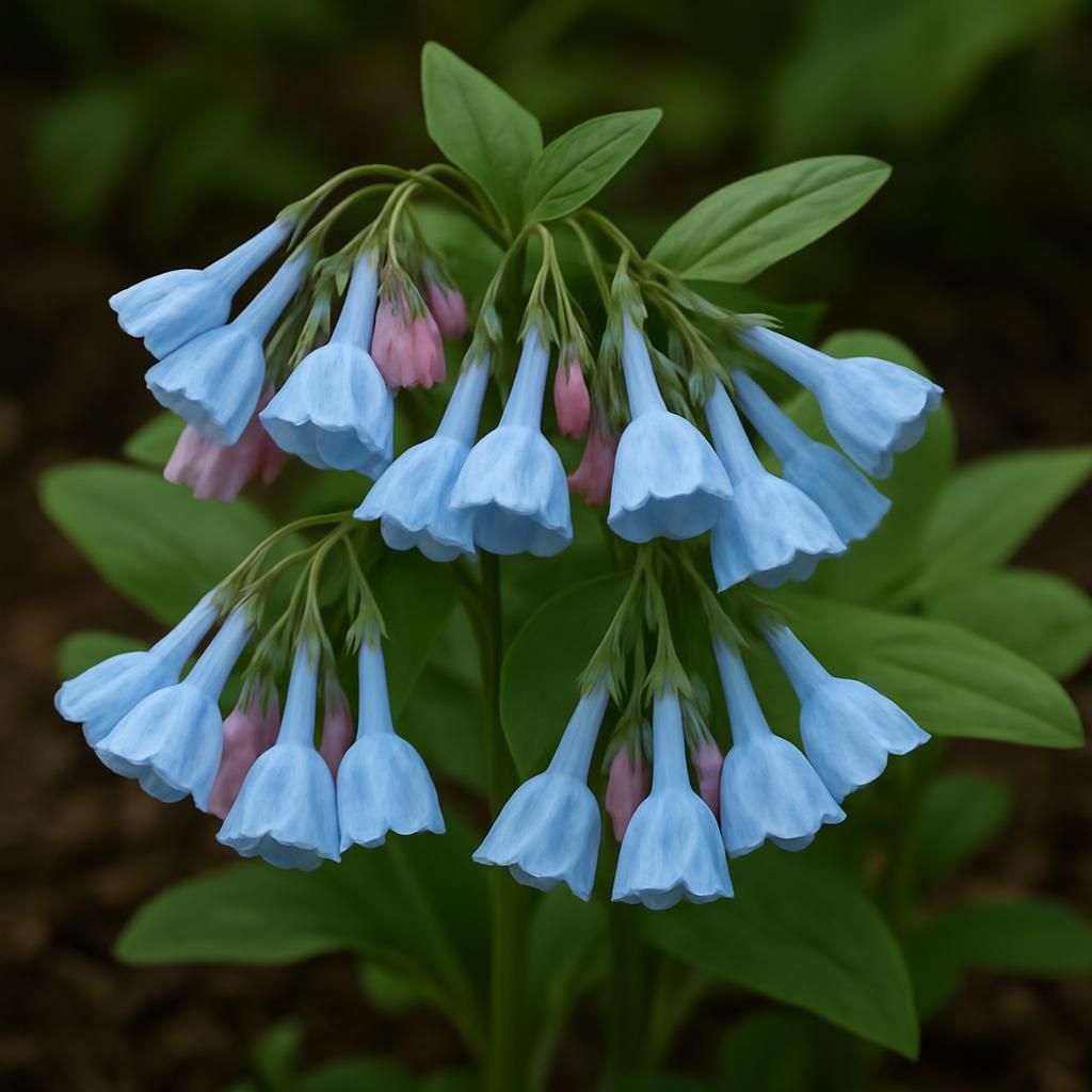 Close-up of Virginia bluebells Mertensia virginica with sky-blue nodding flowers in shaded woodland garden