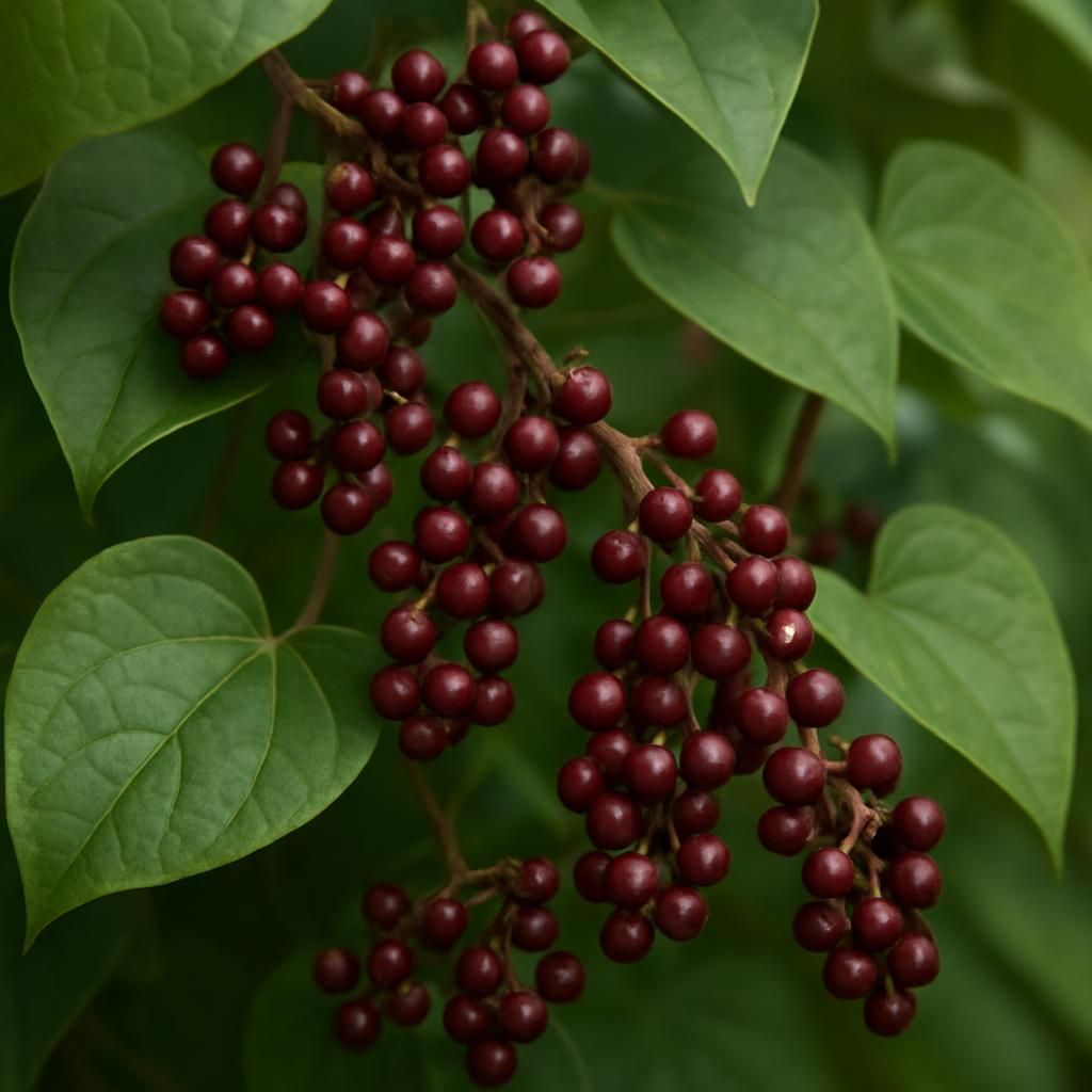 Close-up of aromatic Voatsiperifery Pepper berries ripening on the vine with lush green foliage