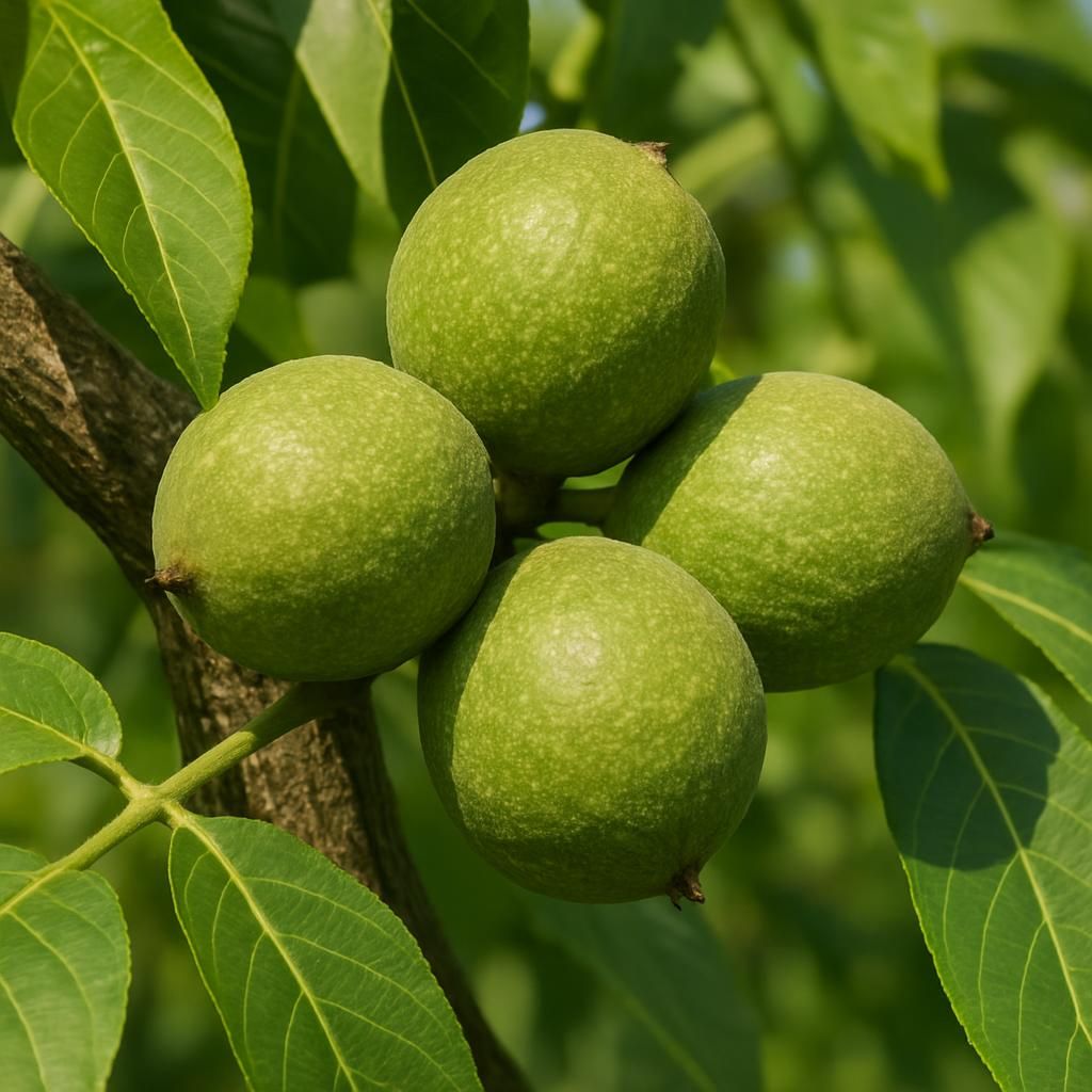 Close-up of Black Walnut Emma Kay nuts in green husks on tree branch in sunlight