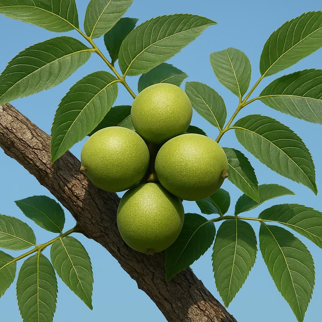 Sparrow black walnut branch with ripening nuts and compound leaves in orchard setting