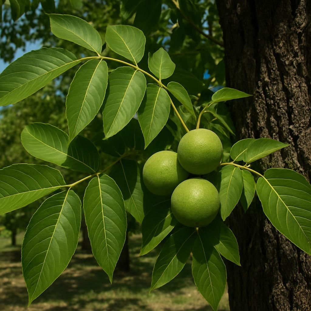 Close-up of Thomas black walnut tree with ripening nuts and lush foliage in a professional orchard setting