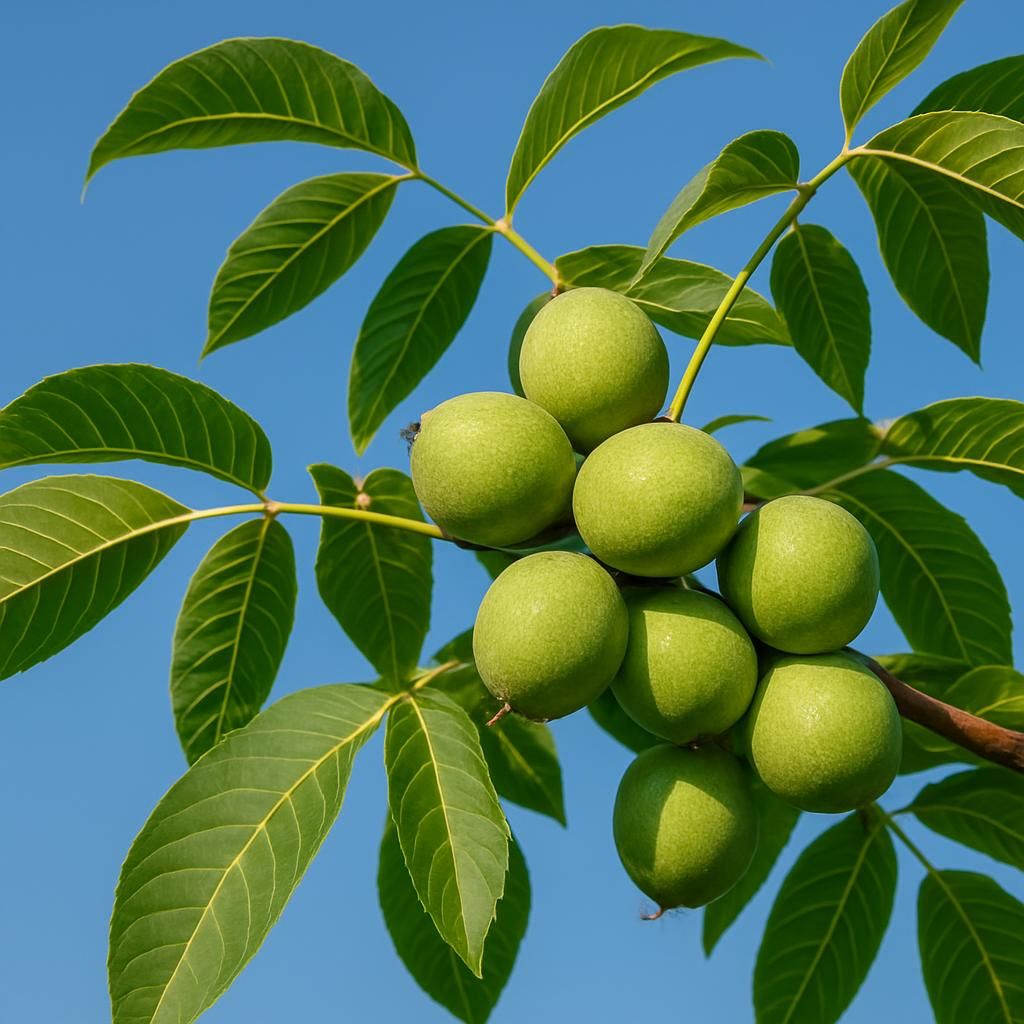 Close-up of Chandler English walnut branch with green husks and foliage