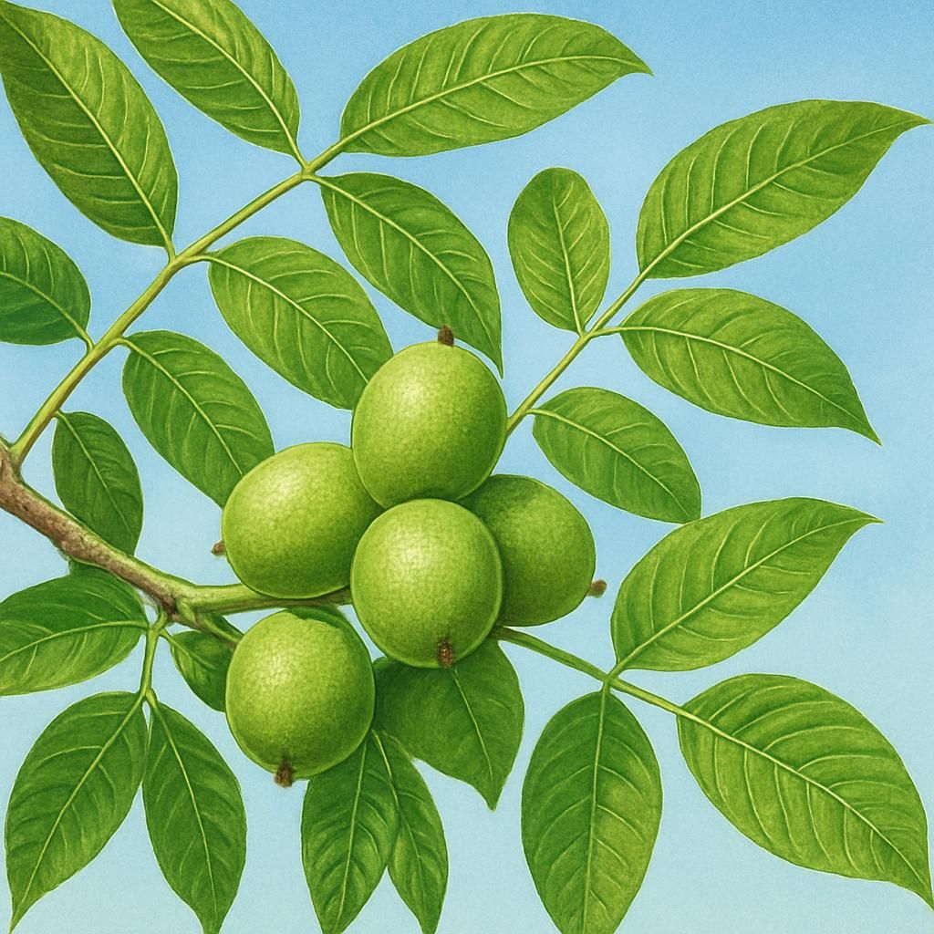 Close-up of Franquette English walnut branch with green husks and leaves