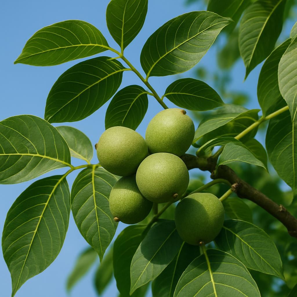 Close-up of English Walnut Hartley tree with green husks and compound leaves under clear sky