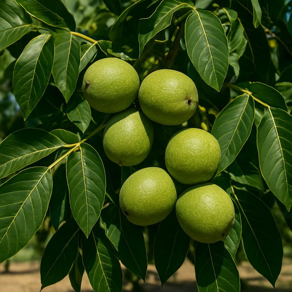 Close-up of Howard English walnuts on tree with lush green foliage in commercial orchard setting