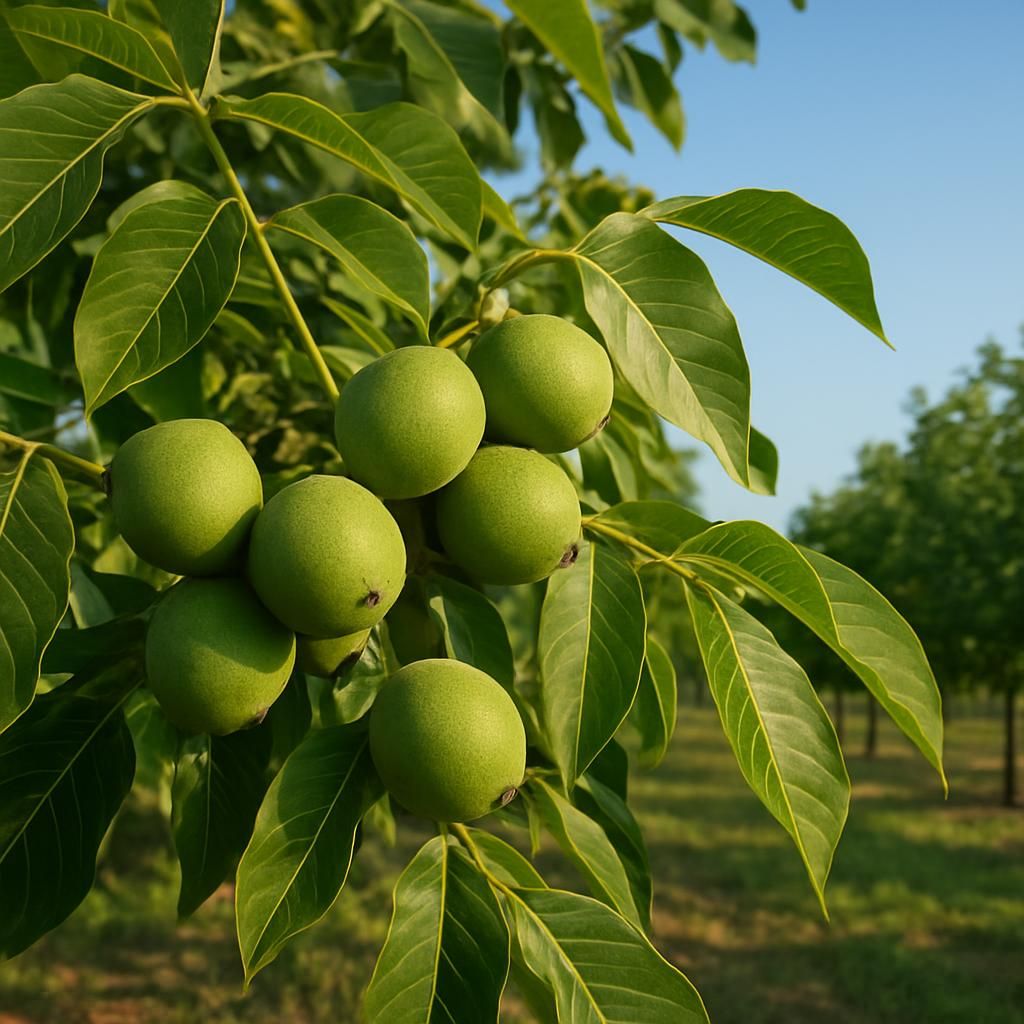 Close-up of English Payne walnut tree with green hulls and compound leaves in commercial orchard