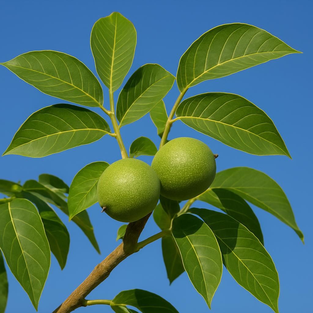 Close-up of Tulare English walnut branch with green husks and leaves on a sunny day