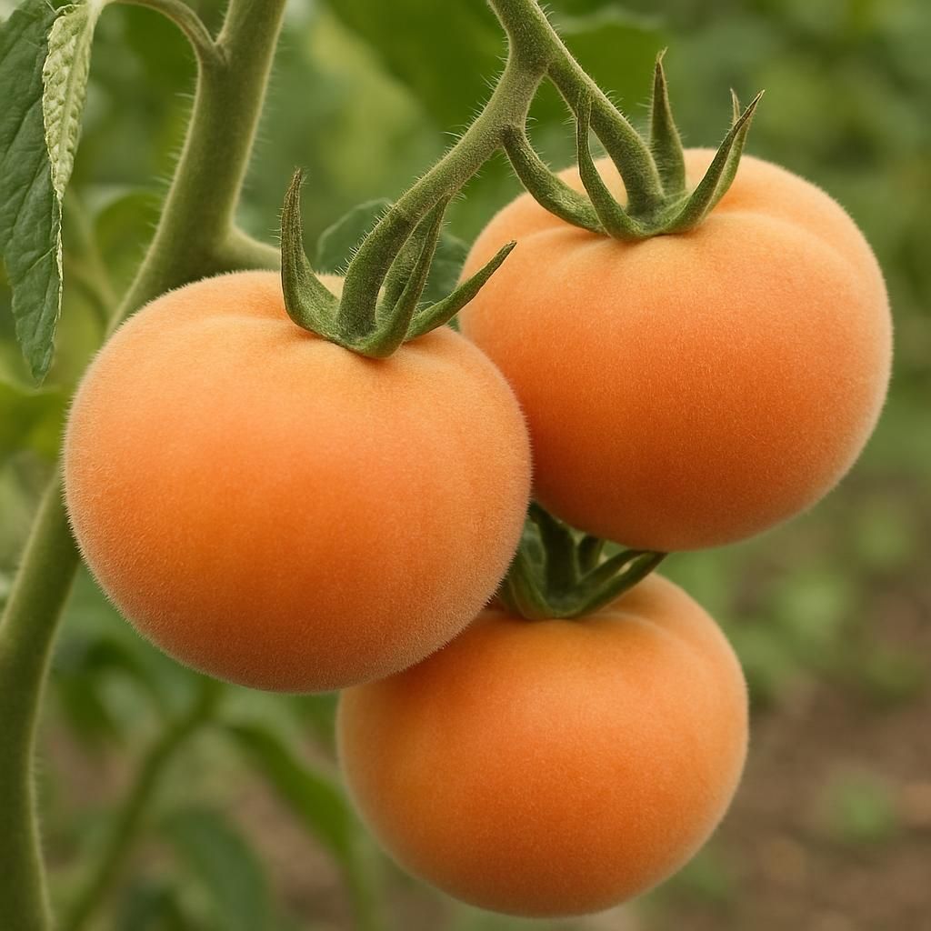 Close-up of fuzzy peach Wapsipinicon Peach Tomato fruits growing on healthy green vines in garden