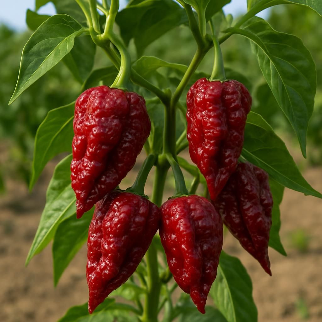 Close-up of ripe red Warangal Chappatta Chili peppers growing on plant