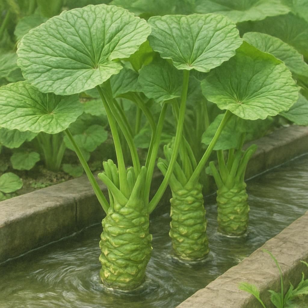 Fresh Wasabi rhizomes and leaves in shaded flowing water system