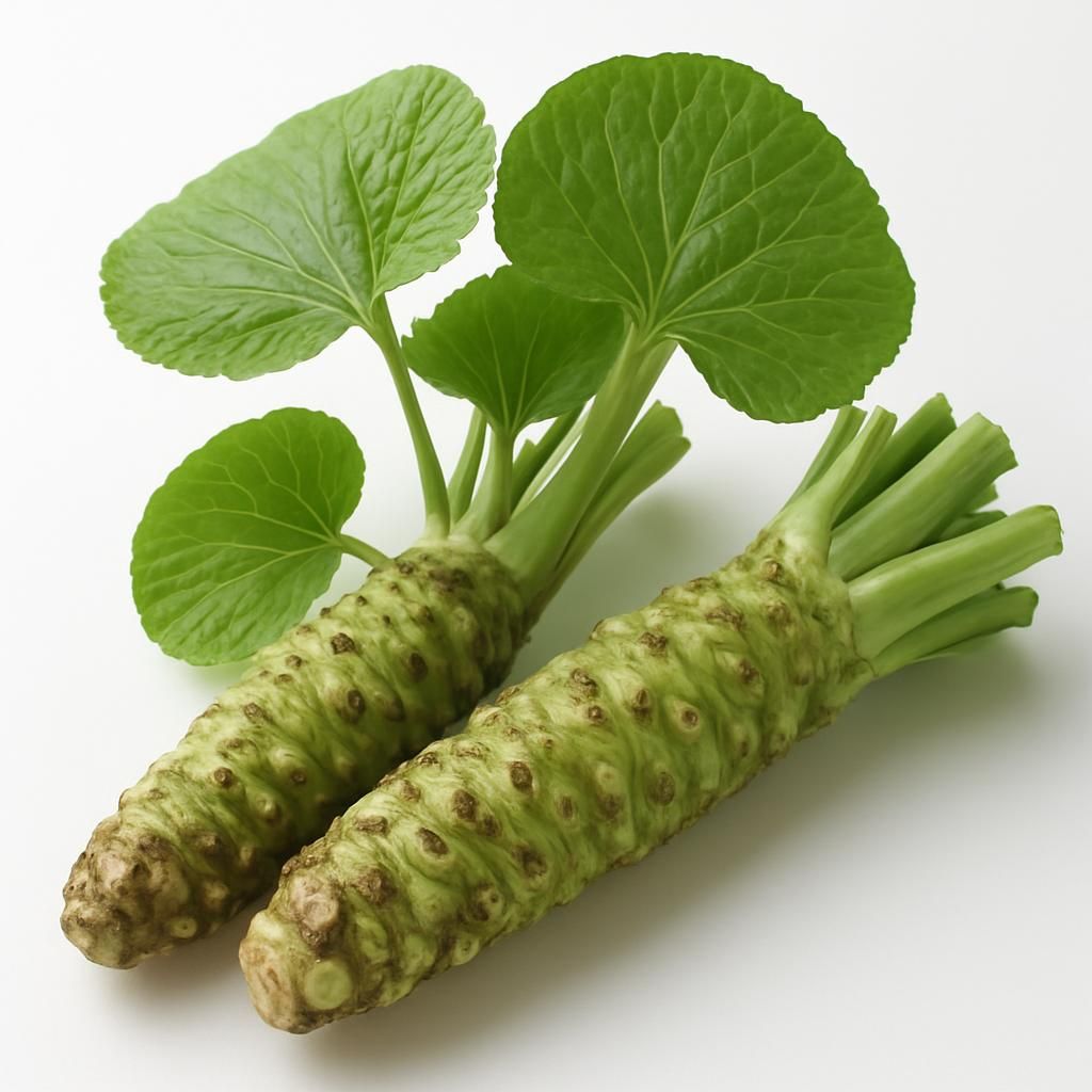 Fresh Wasabi rhizomes and green foliage of Wasabia japonica Mazuma variety