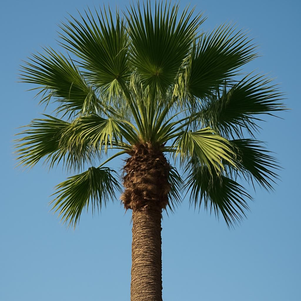 Mature Washingtonia robusta palm with tall trunk and lush fan fronds in full sun