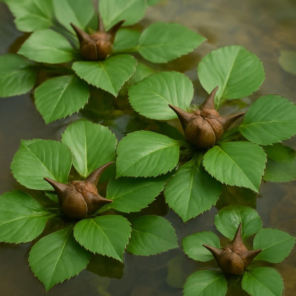 Close-up of Water Caltrop (Trapa natans) leaves and horned nuts on pond surface