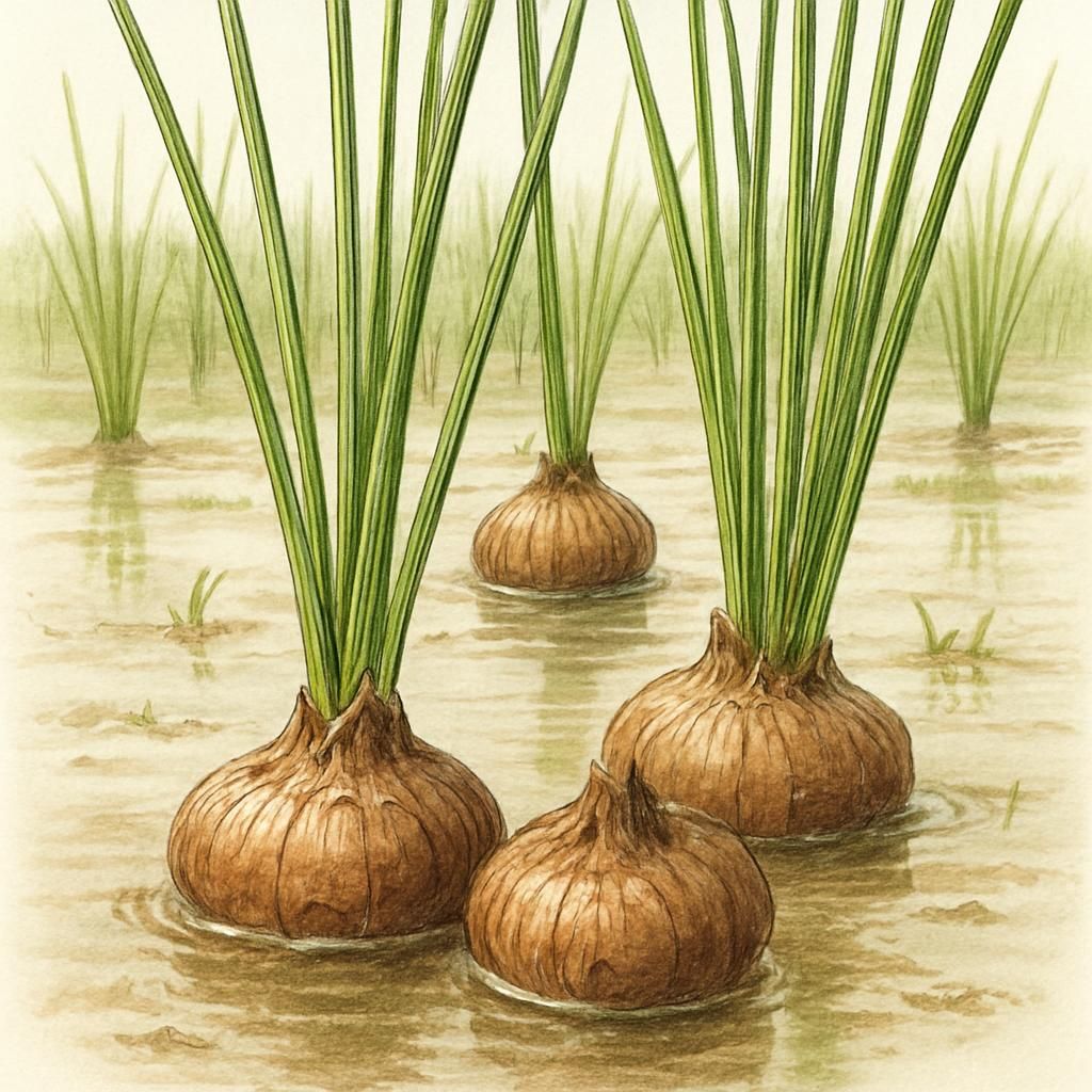 Freshly harvested water chestnut corms in flooded field showing crisp white flesh and brown skin