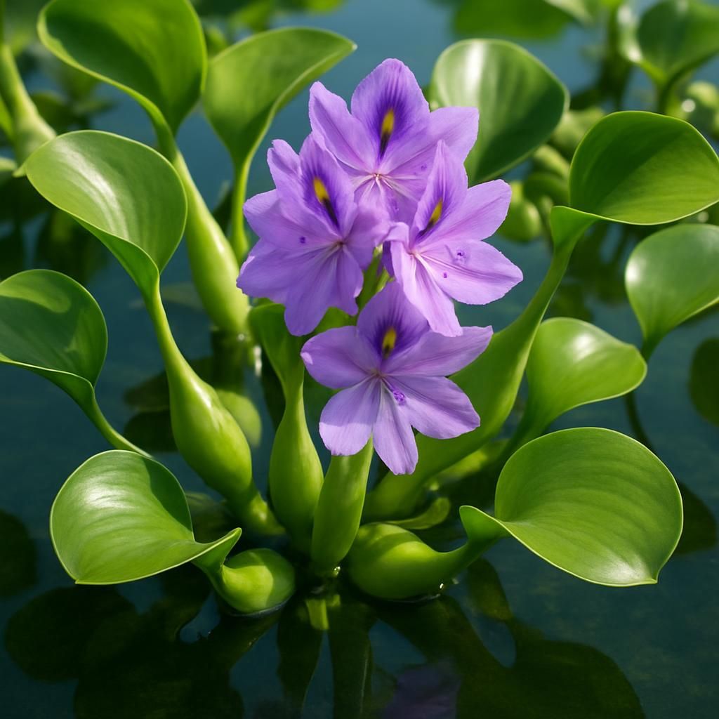 Close-up of Water Hyacinth with purple flowers and glossy leaves on still water for professional growing guide
