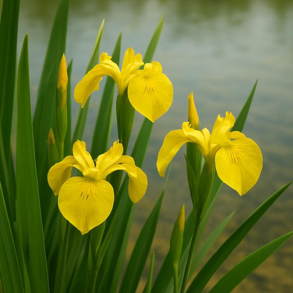 Vibrant yellow Water Iris blooms and foliage at pond edge for professional growing guide