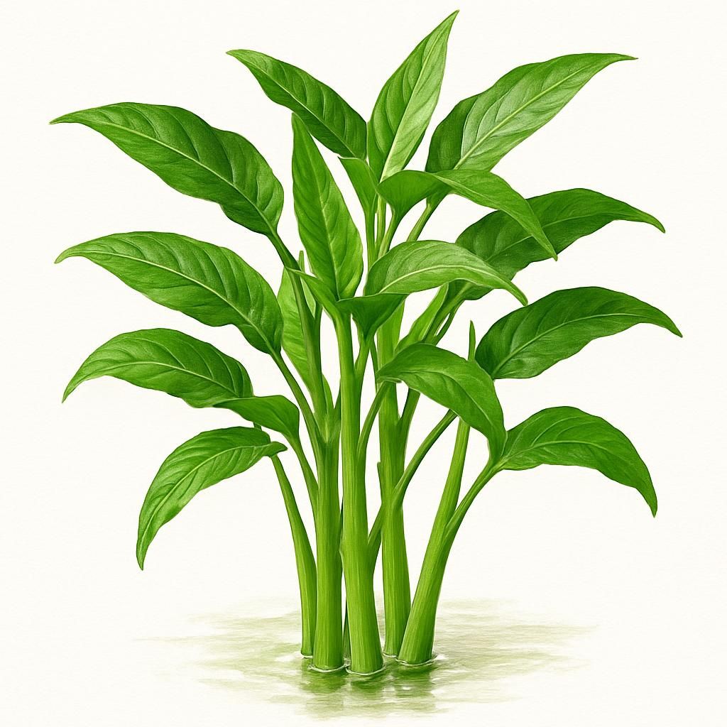 Close-up of lush water spinach leaves and stems in shallow water for a professional growing guide