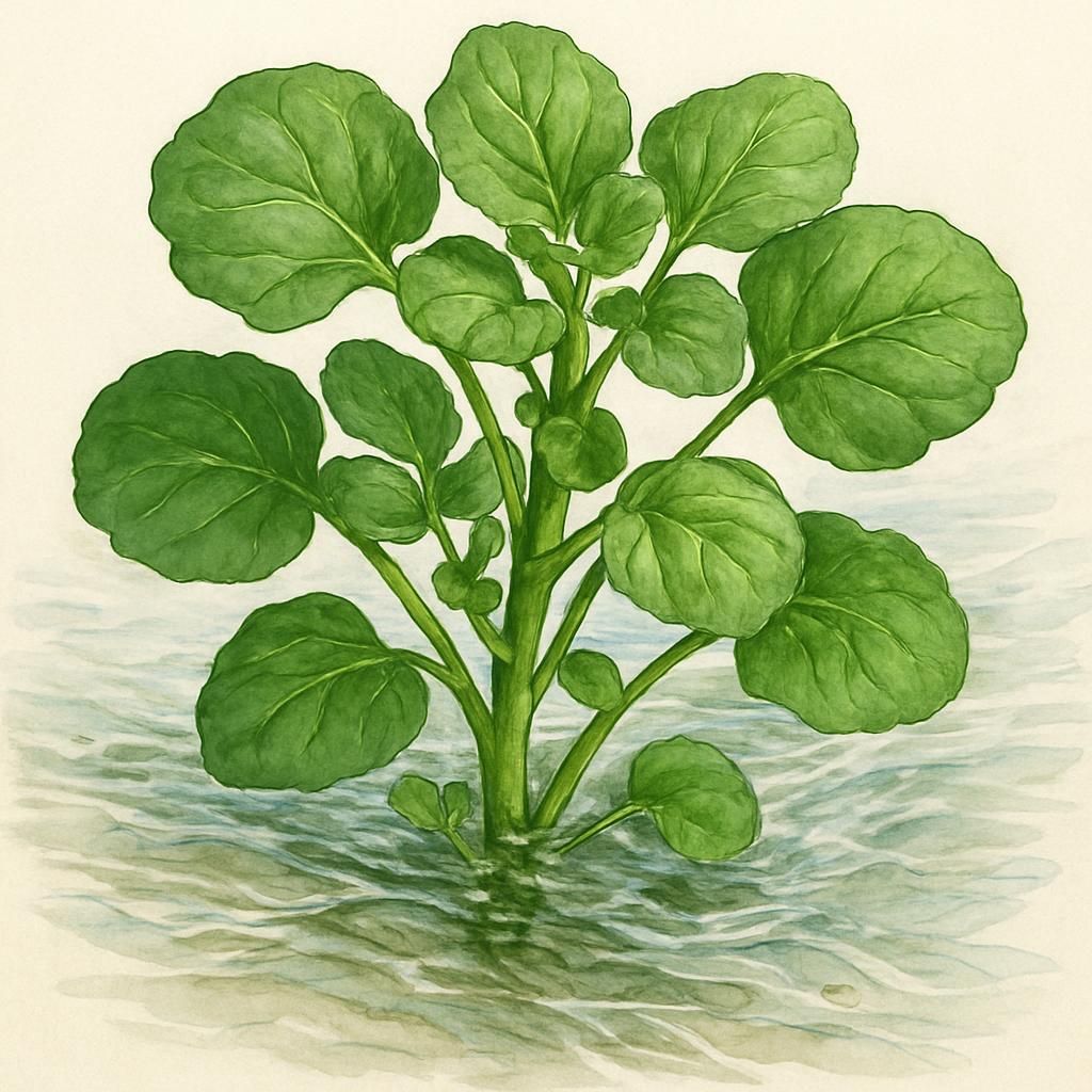 Close-up of large leaf watercress in its natural aquatic setting.