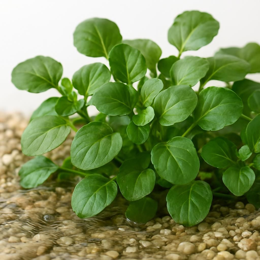 Close-up of fresh watercress leaves growing in flowing water over gravel bed for professional crop guide
