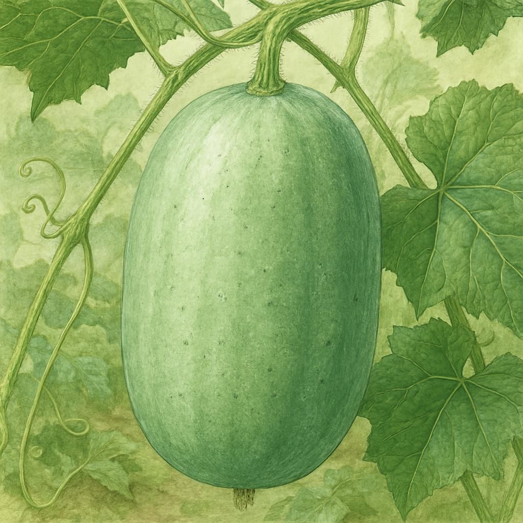 Close-up of a large round wax gourd with waxy surface in a garden setting.