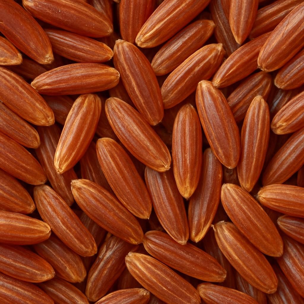 Close-up of Wehani Rice grains, showing natural reddish-brown hue and texture.