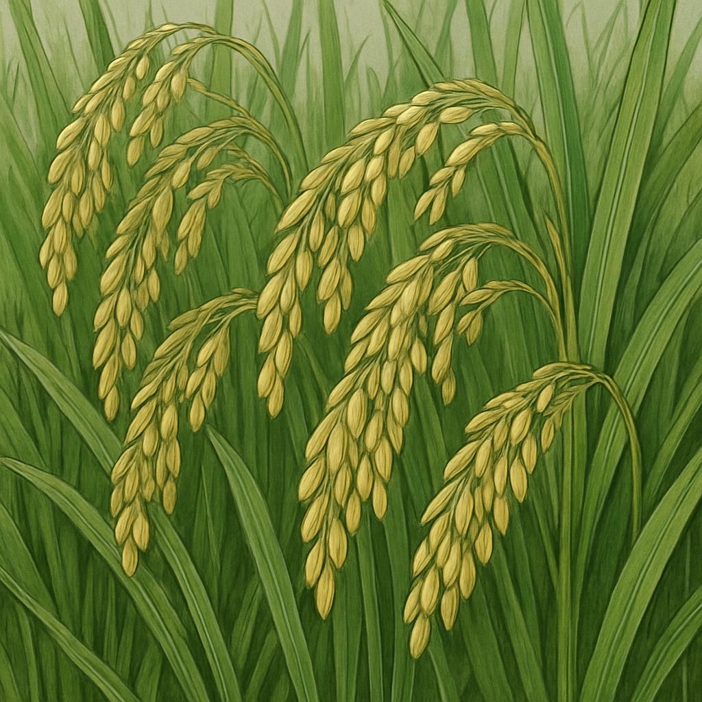Close-up of Wells Rice plants in full bloom with richly detailed grain heads.