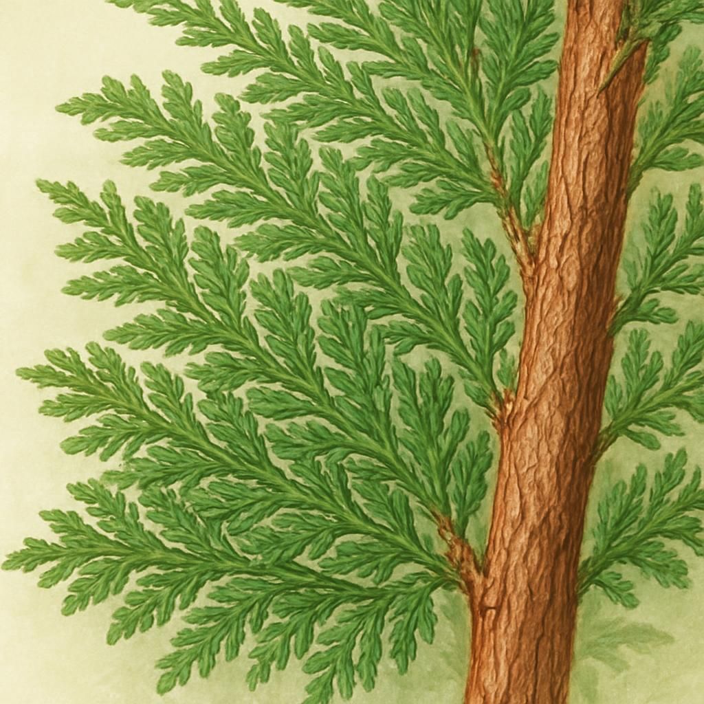 Close-up of western red cedar Thuja plicata foliage and bark in natural light