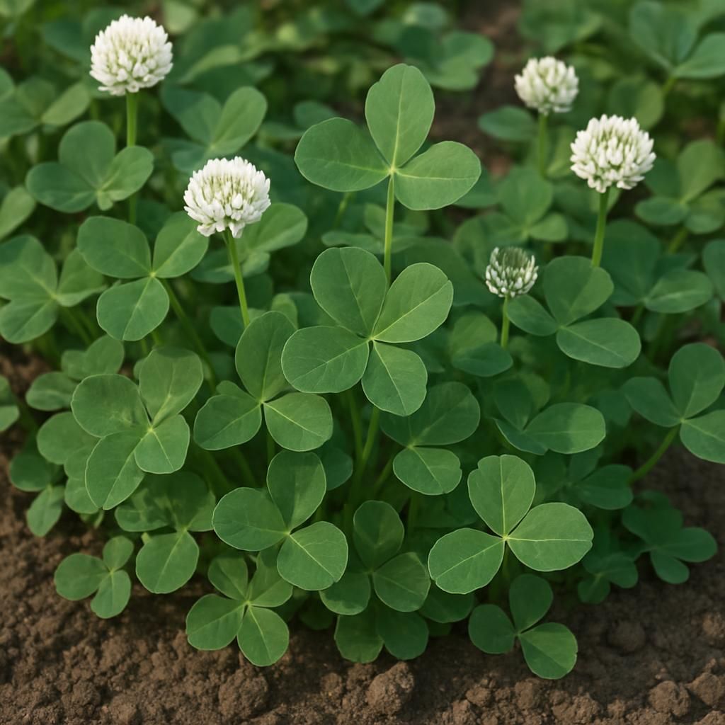 Close-up of white clover plants showing trifoliate leaves and white flowers in a healthy field