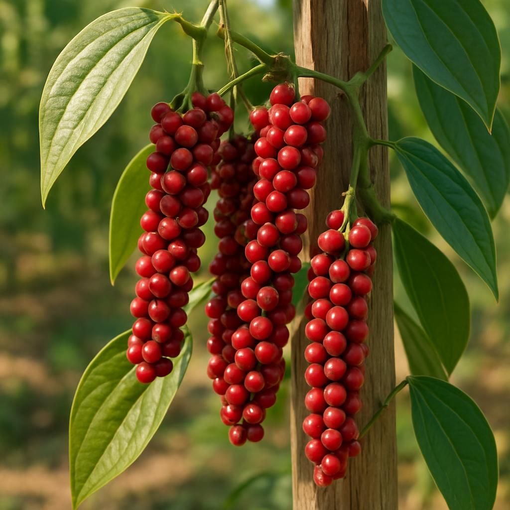 Close-up of ripe red Muntok white pepper berries on vine ready for harvest
