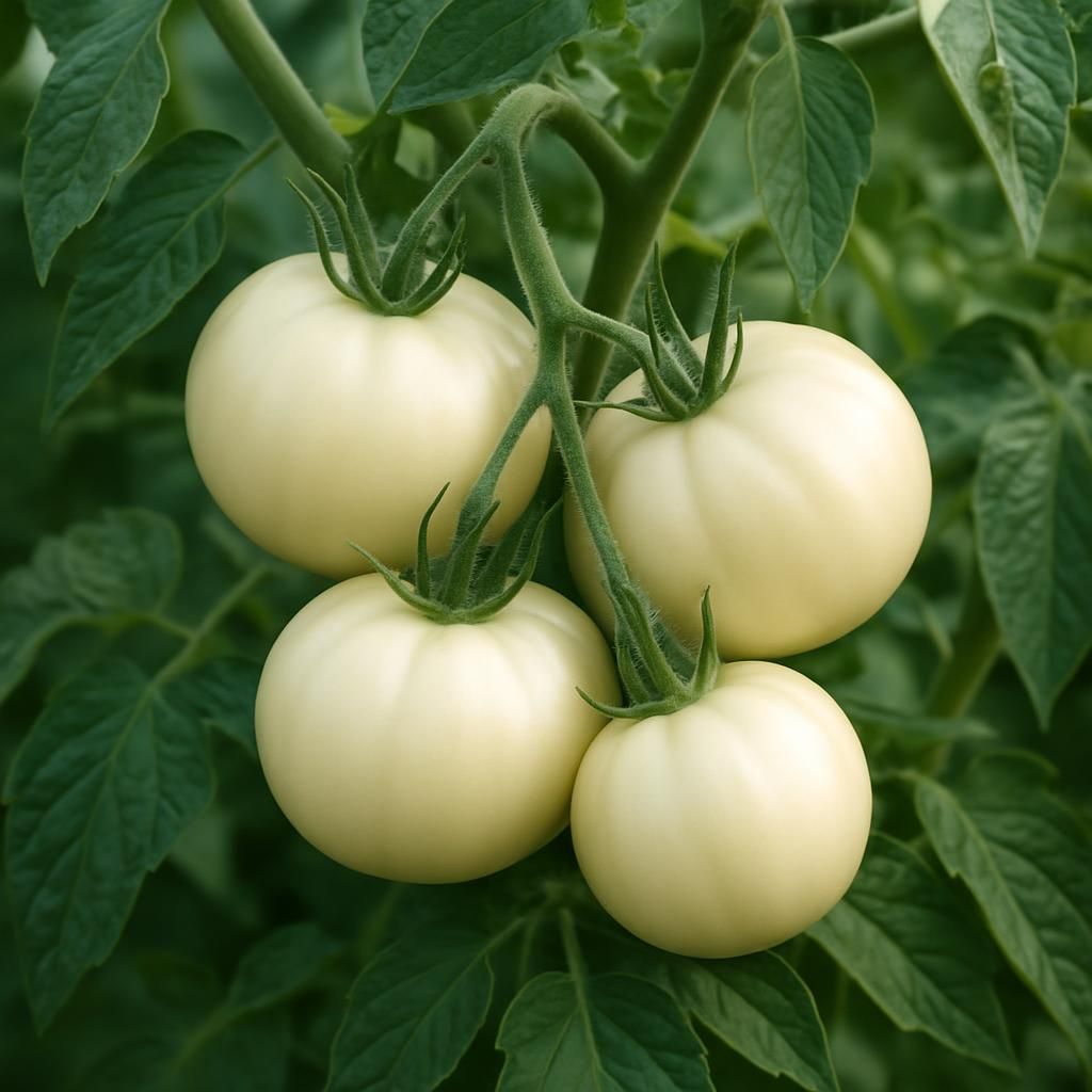 Creamy white heirloom White Queen Tomatoes growing on vine with green leaves