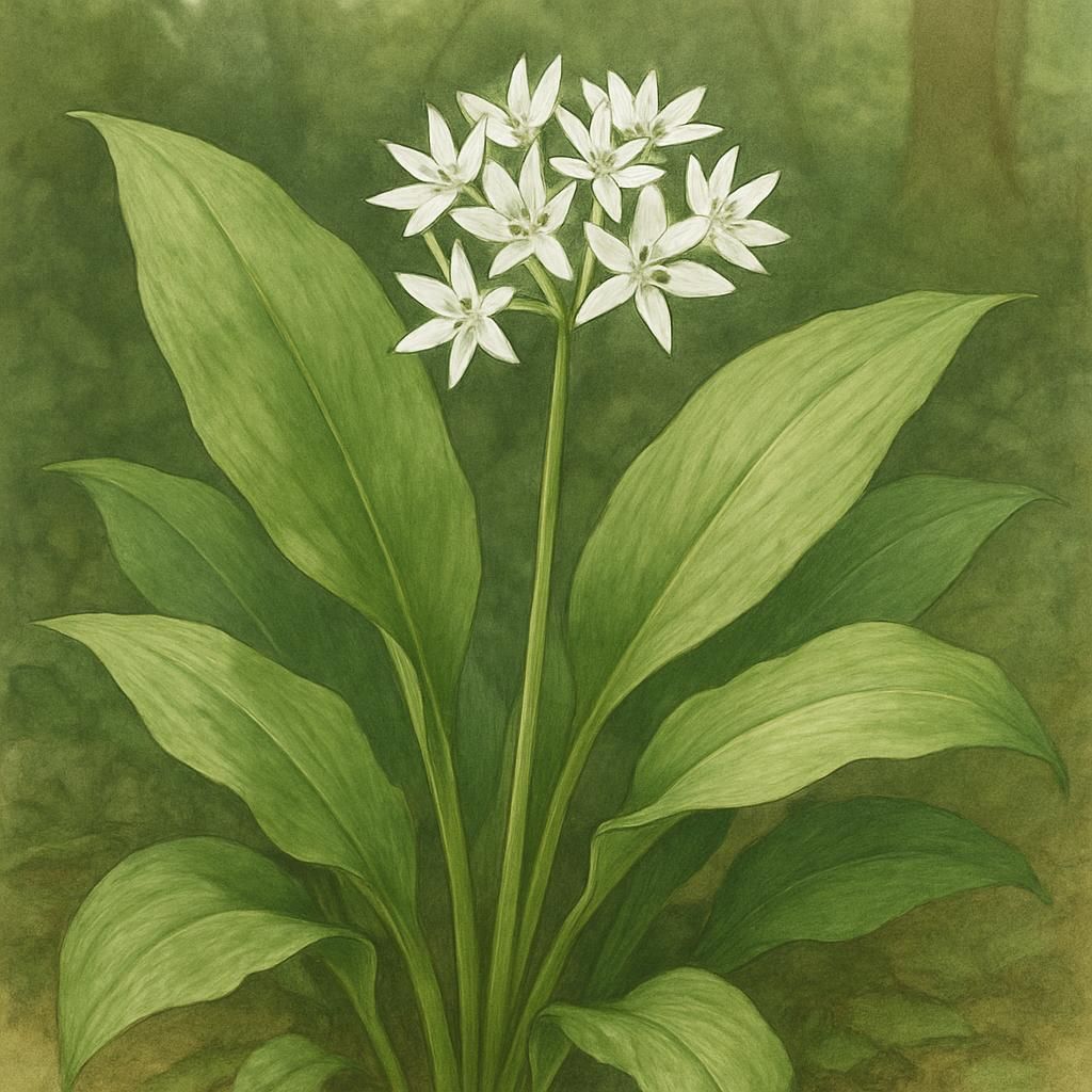 Close-up of vibrant wild garlic leaves and white flowers in dappled shade