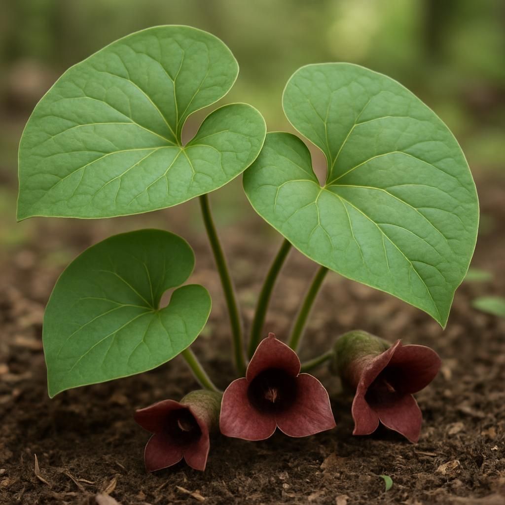 Wild ginger (Asarum canadense) heart-shaped leaves and flowers in shaded woodland garden