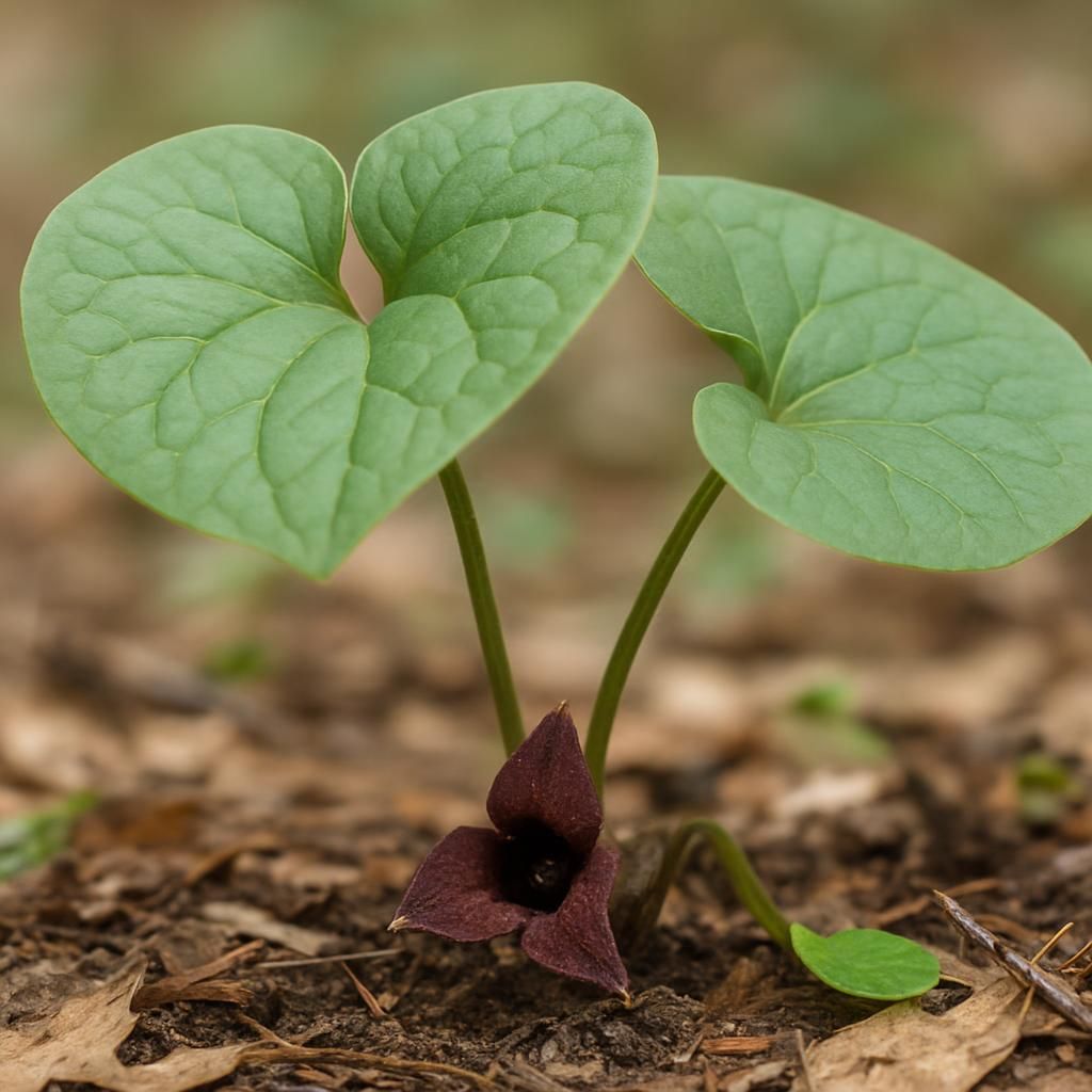 Wild ginger plant with heart-shaped leaves and maroon flower growing in shaded woodland soil