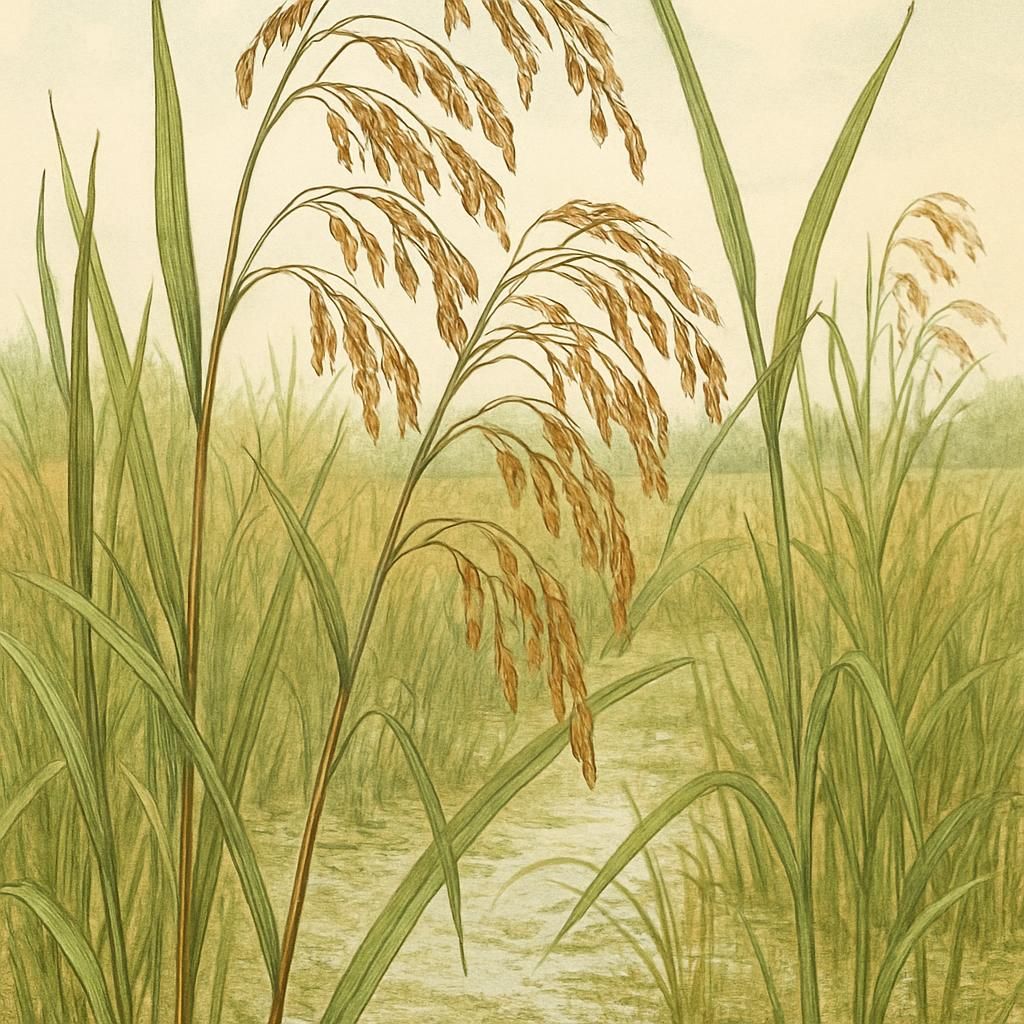 Close-up of wild rice plants in a wetland area, showing characteristic long, slender grains.