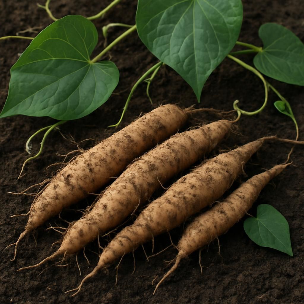 Freshly dug wild yam root rhizomes with green foliage on soil