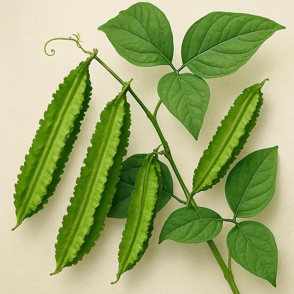 Close-up of Winged Bean plant with distinctive four-winged pods and lush foliage.