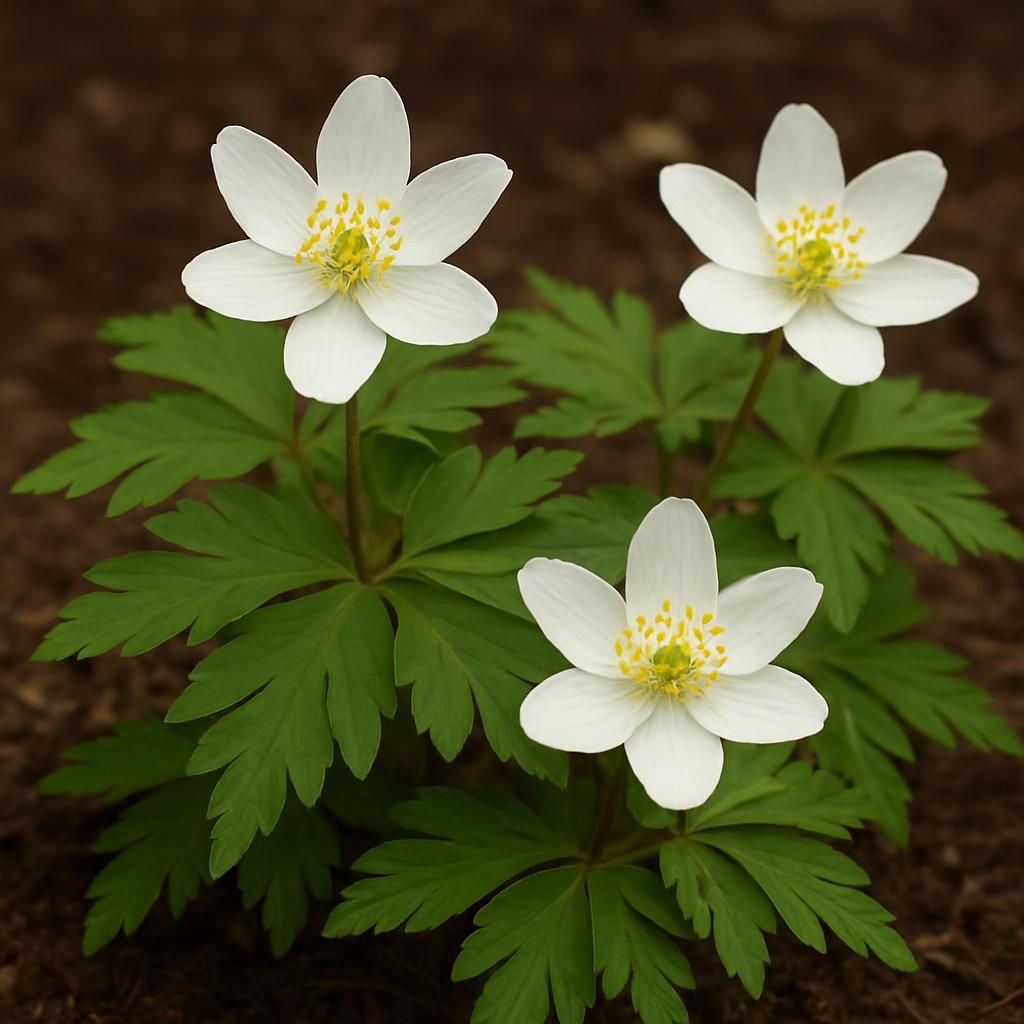Close-up of blooming Wood Anemone flowers in shaded woodland garden setting