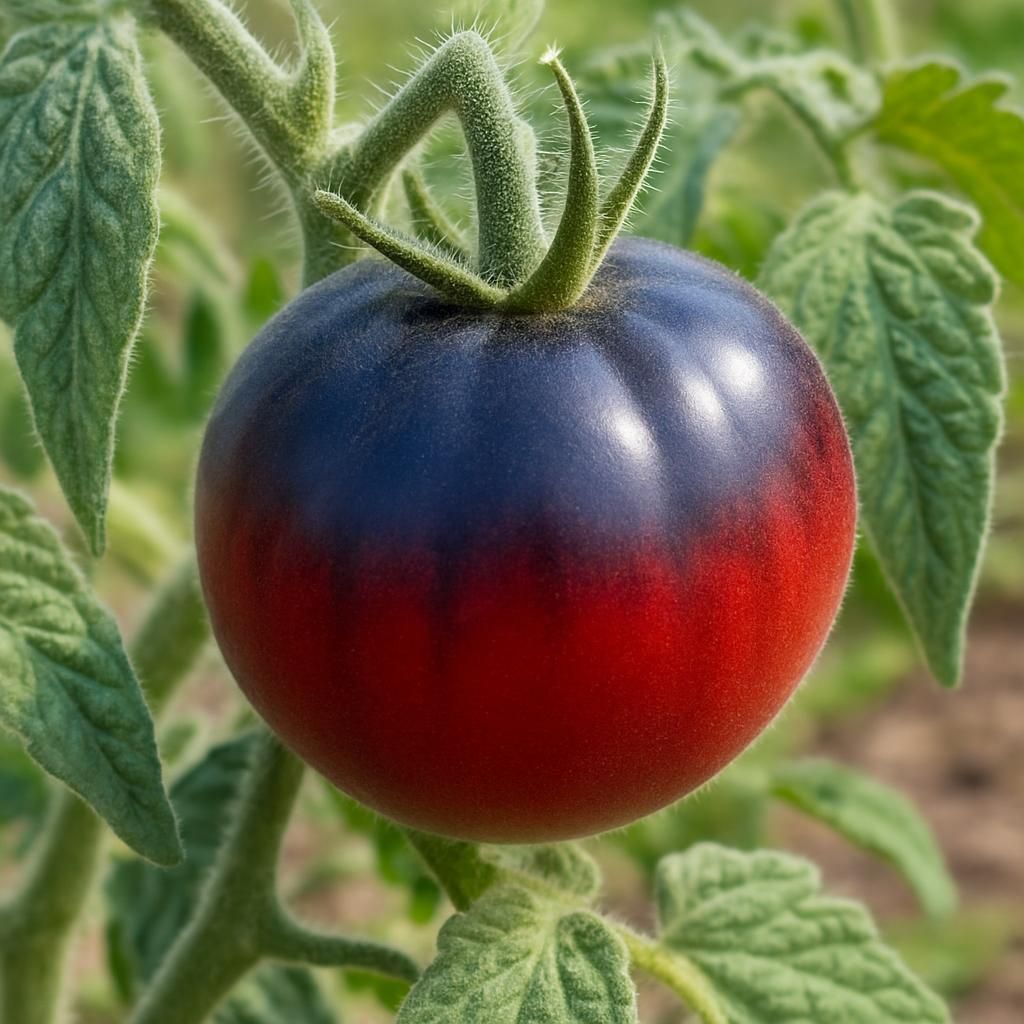 Close-up of Woolly Blue Jay Tomato with woolly leaves and blue-red fruit on vine