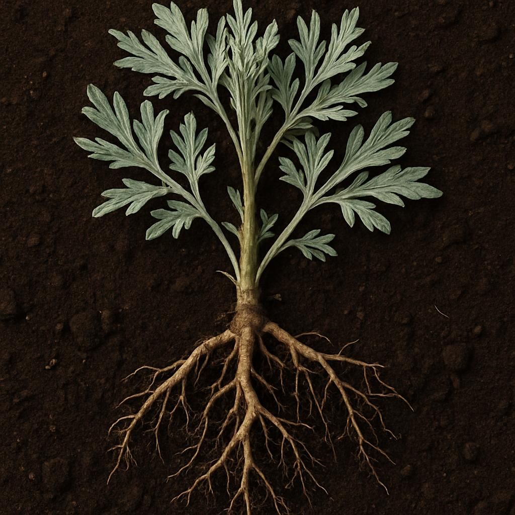 Close-up of wormwood root plant with silvery foliage and harvested roots on soil