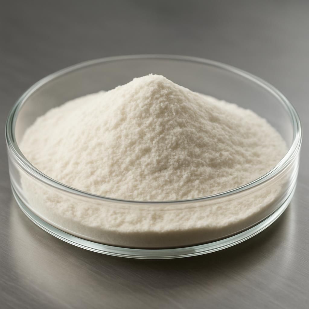 Close-up of fine white xanthan gum powder in laboratory petri dish on stainless steel surface