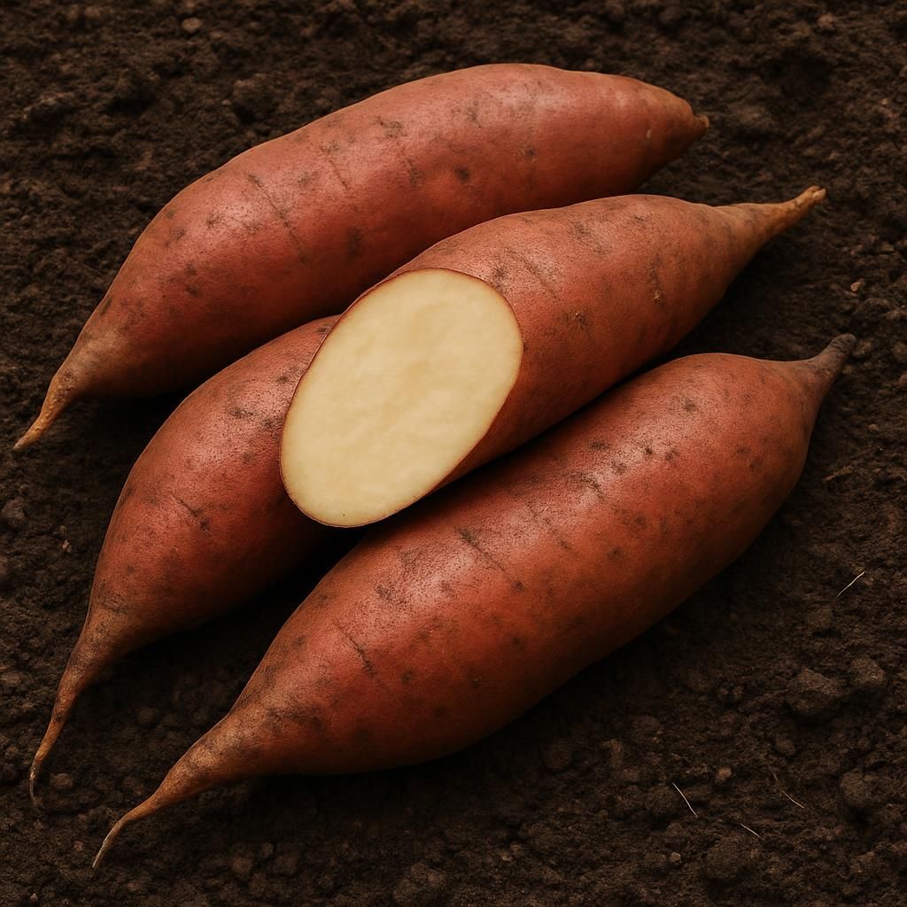 Close-up of freshly dug yacon tubers showing crisp reddish-brown skin and juicy white flesh