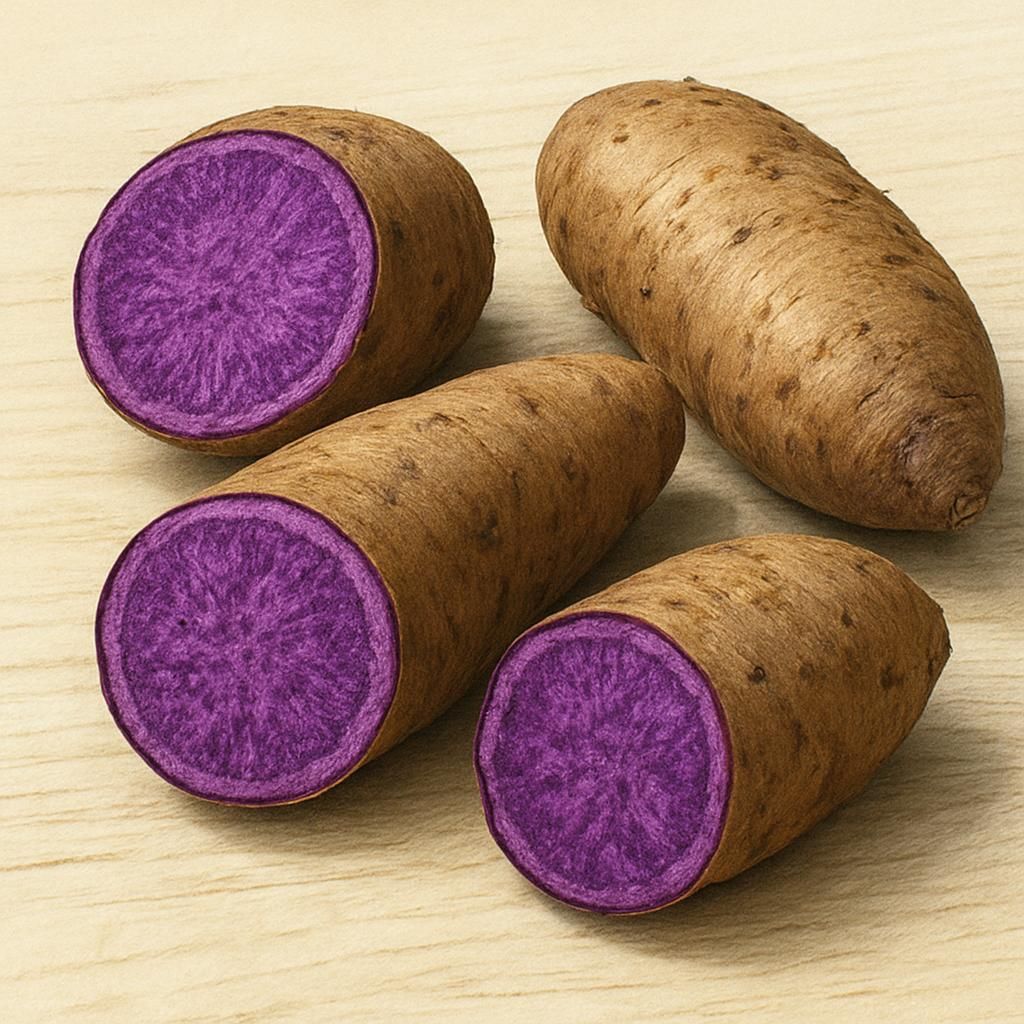Close-up of harvested Purple Ube yams with vibrant violet flesh and brown skin