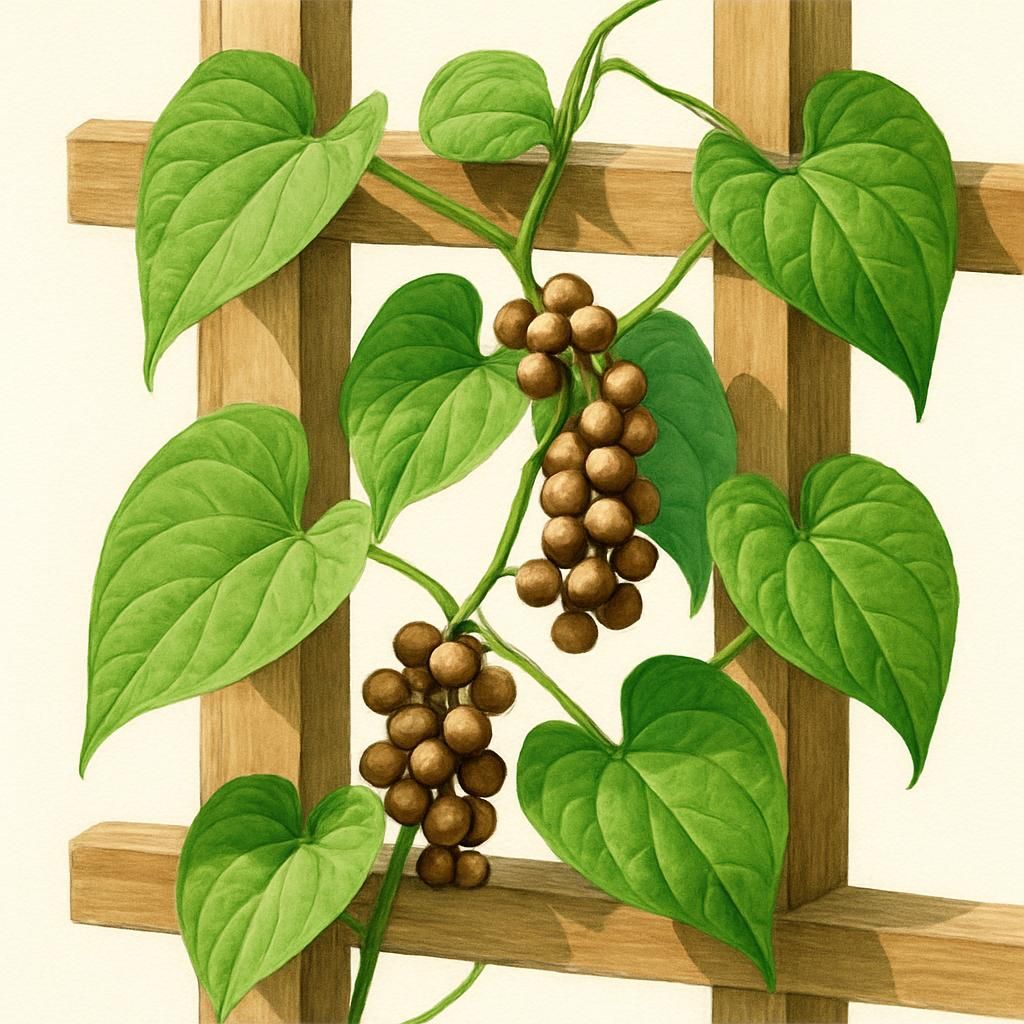 Close-up of air potato yam vine showing heart-shaped leaves and aerial bulbils on trellis