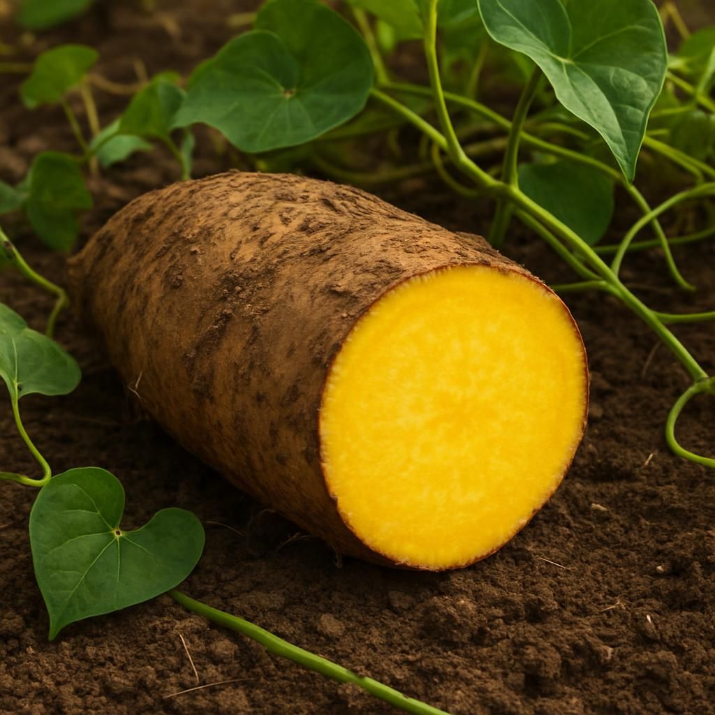 Close-up of Yellow Guinea yam tuber showing yellow flesh and rough skin
