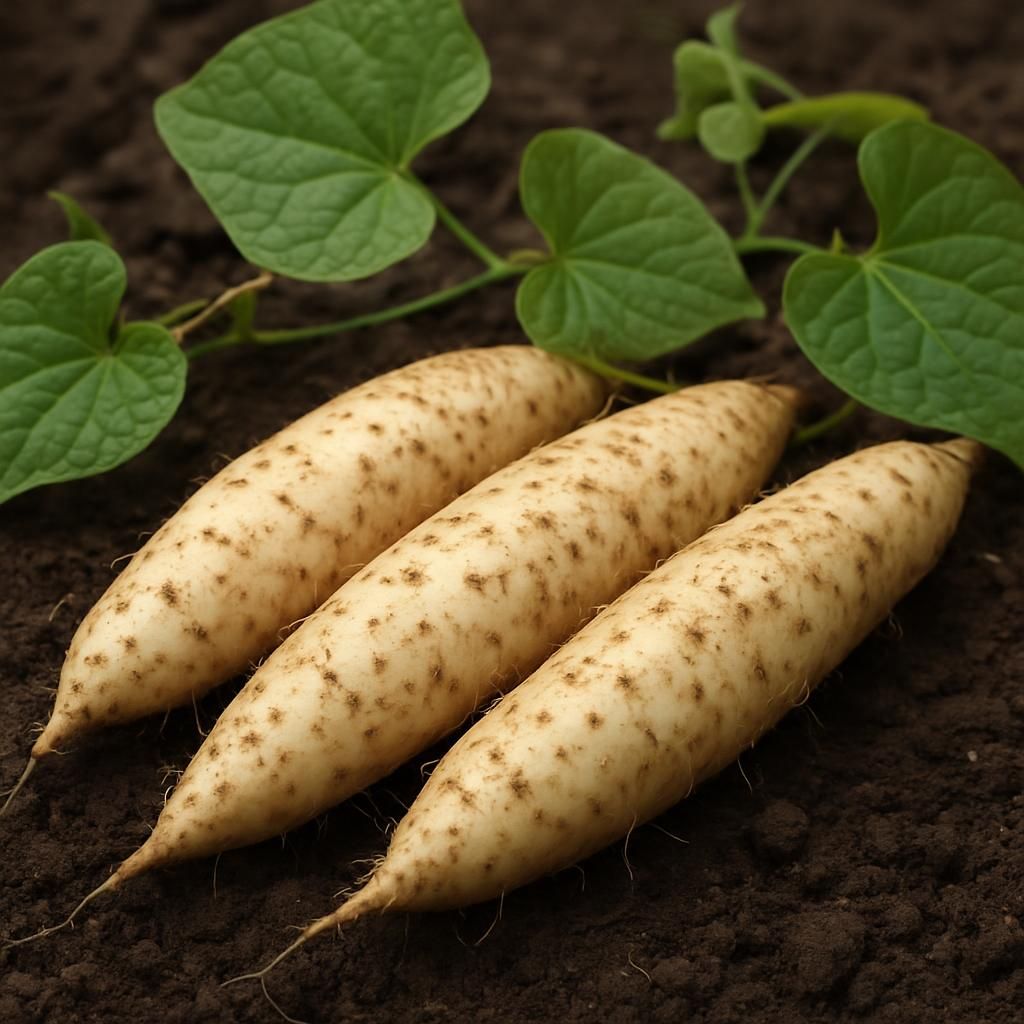 Fresh Nagaimo Chinese yam tubers with green foliage on soil for growing guide header