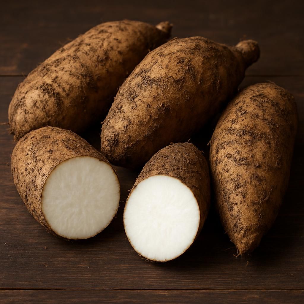 Freshly harvested White Guinea yam tubers showing characteristic white flesh and rough brown skin
