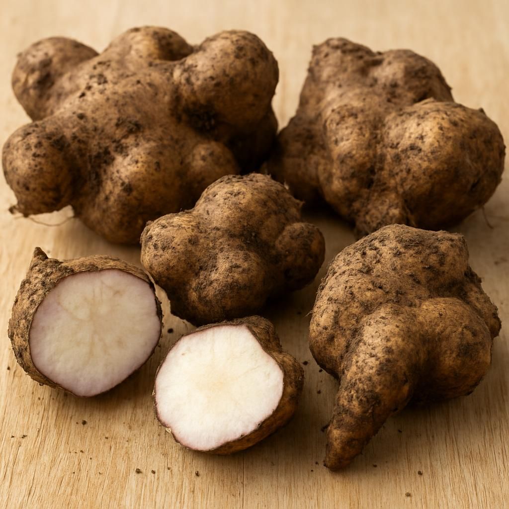 Freshly harvested Cush-cush yams Dioscorea trifida with creamy white-purple flesh on wooden surface