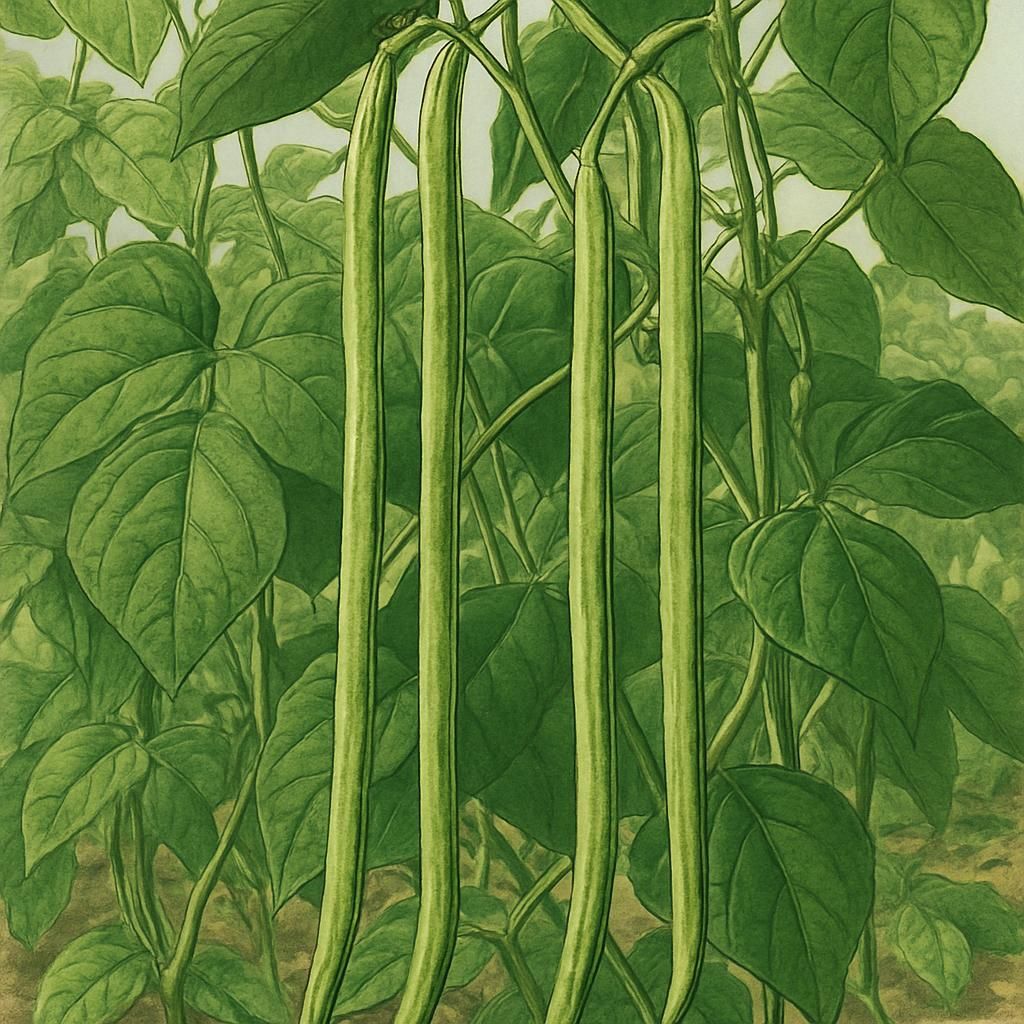 Close-up of Yard Long Bean pods hanging on a vine, illustrating their vibrant green color.