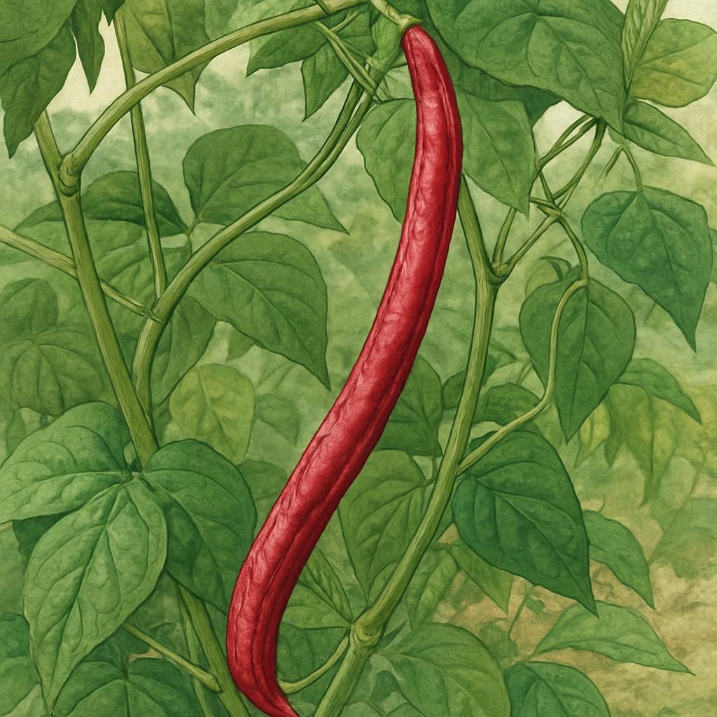 Close-up of vibrant red Yard Long Bean (Red Noodle) on vine, ideal for home gardens.